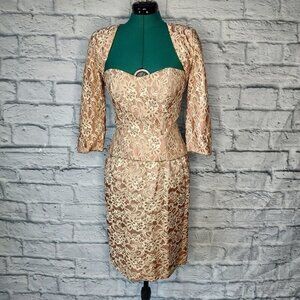 TINA Di Martina women's formal tan lace with beading 3 piece skirt suit Sz XS